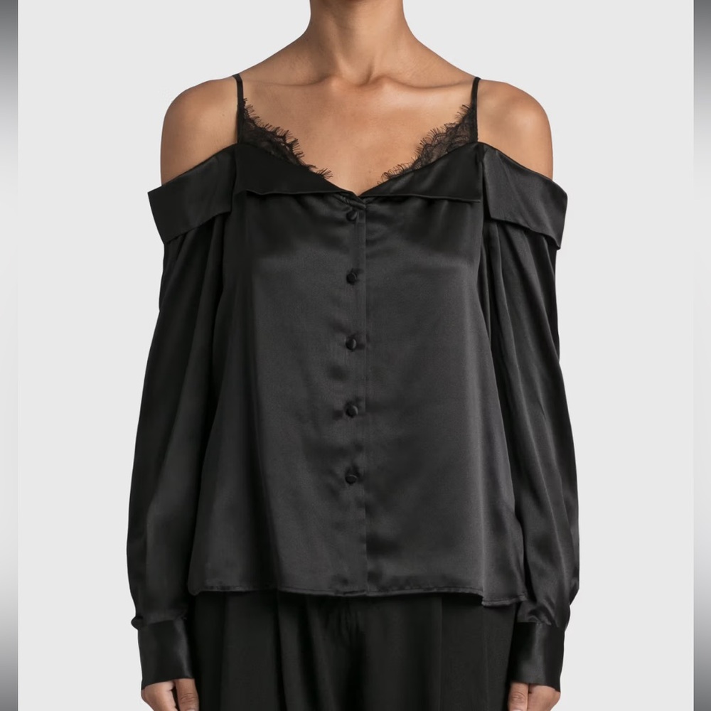 Jonathan Simkhai Caylee Silk Lace Plisse Off Shoulder Button Down size XS Rib